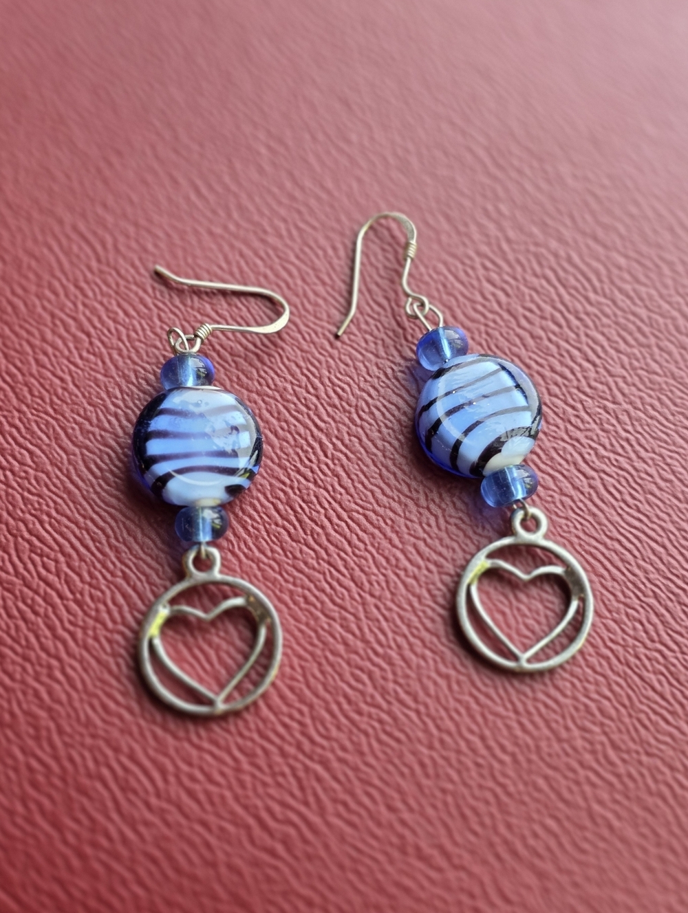 Blue Glass Heart Dangle Earrings